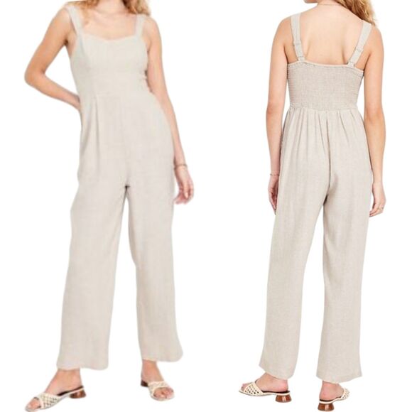 Old Navy Jumpsuit Womens Medium Beige Fit & Flare Linen Blend Beach Coastal - Picture 2 of 12